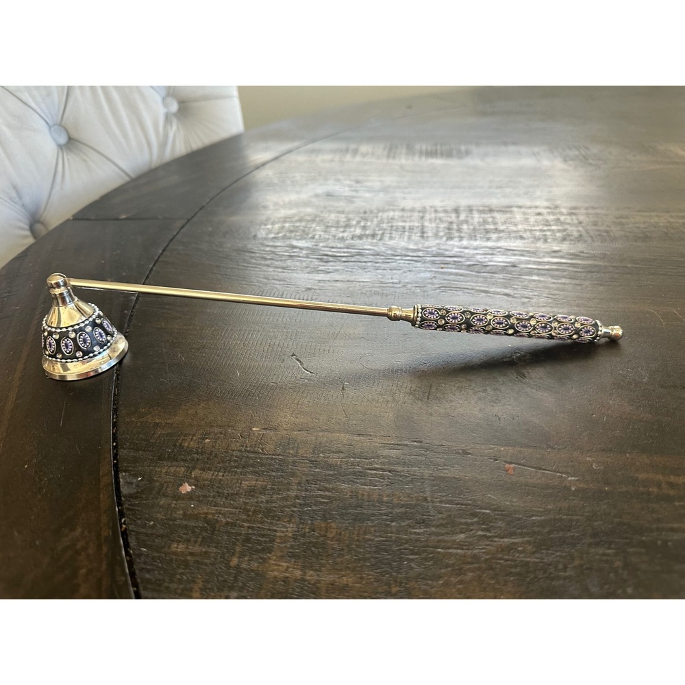 Vintage Enamel Rhinestone Candle Snuffer Silver Tone Purple Floral Made in India